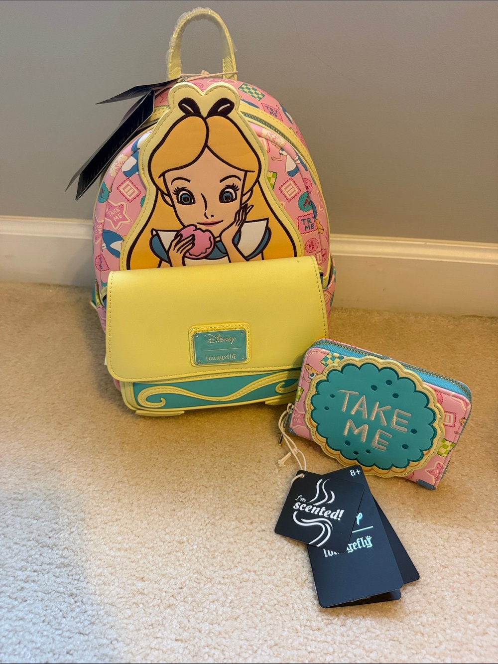 NWT Loungefly Alice in Wonderland Pink & Yellow Backpack w/Matching Wallet